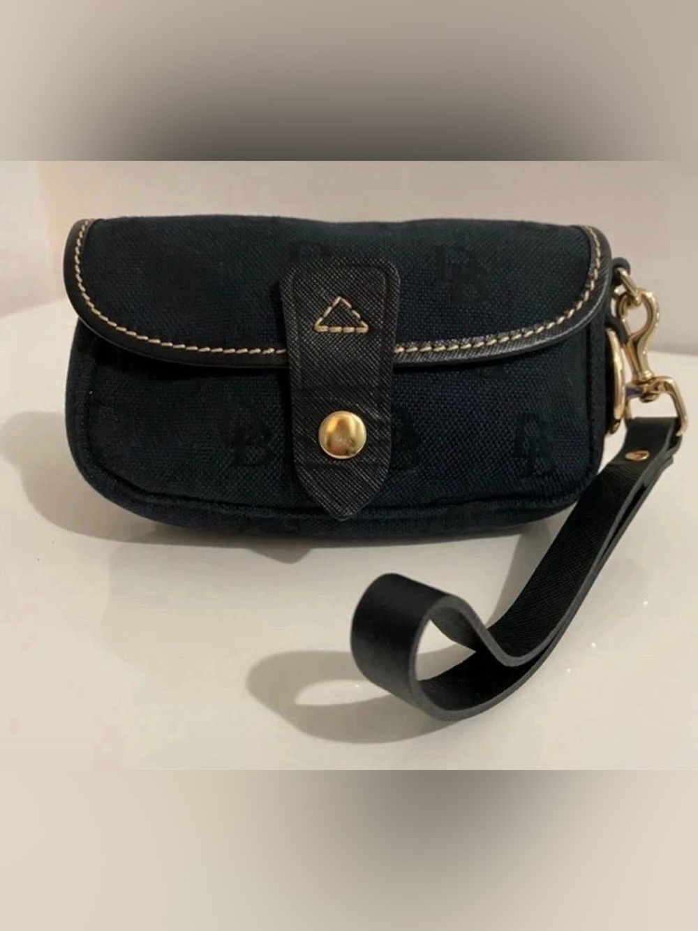 Vintage Dooney & Bourke Black DB Monogram Canvas Flap Wristlet Pouch Y2K